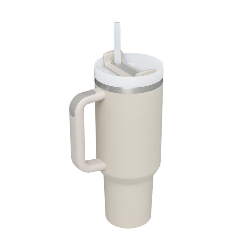 Thirsty Diva tumbler showing stainless steel finish and handle grip